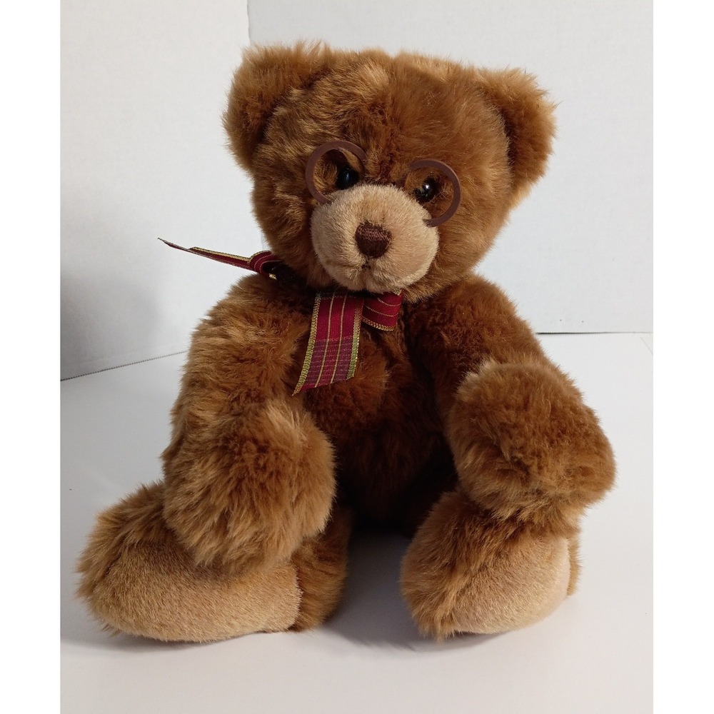 Gund Booker Plush Teddy Bear 12 Stuffed Animal Glasses & Bow brown Vintage 44406